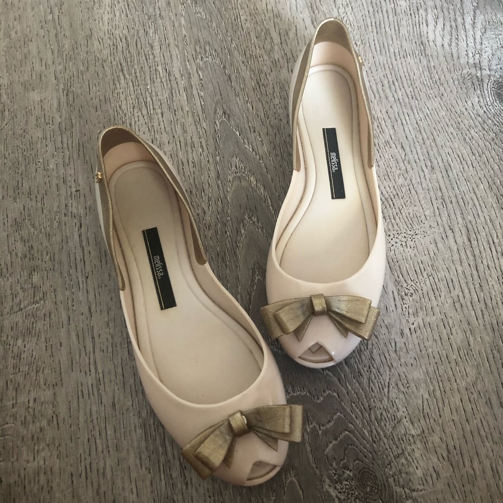 Melissa Nude and Gold Bow Flats Size 7